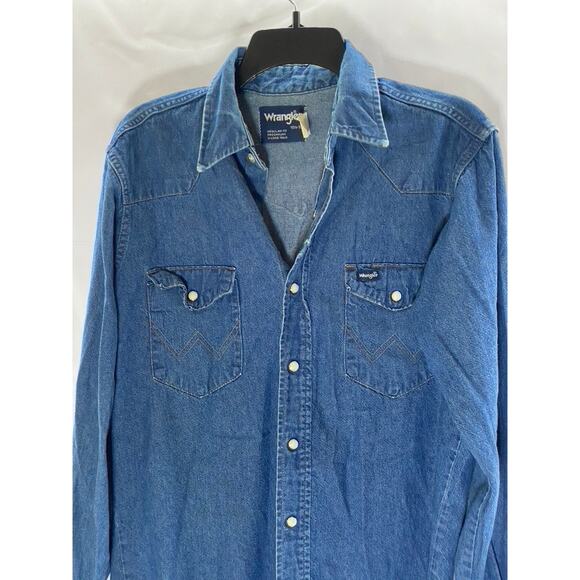 WRANGLER Men's Dark Blue Denim Regular-Fit Distressed Button-Up Shirt SZ 15.5 33 - Picture 3 of 14